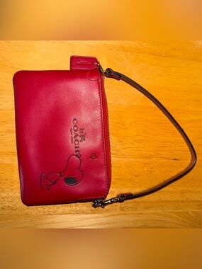 COACH Red Leather Wristlet with Snoopy Graphic